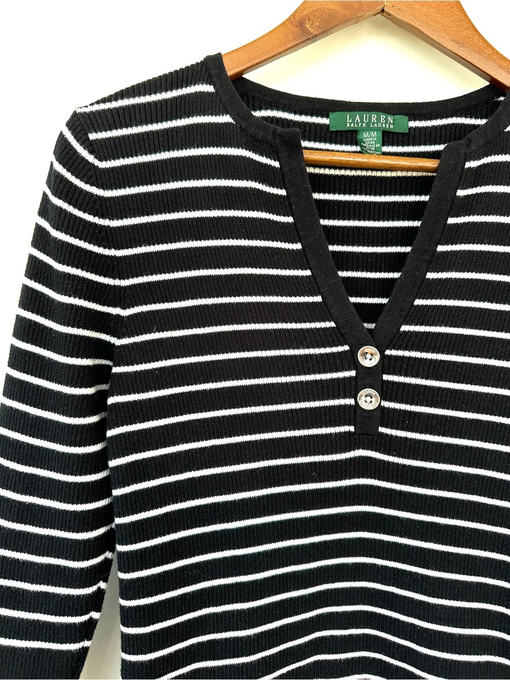 Lauren Ralph Lauren Black & White Striped V‑Neck Cotton Knit Top, 3/4 Sleeves - Picture 3 of 7
